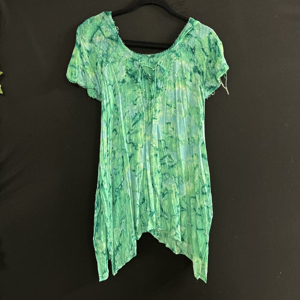 Advance Apparels Fairycore Handkerchief Hem Top Free Size Boho Green Floral Top